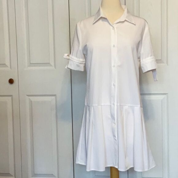 White Button Up Short Sleeve Ruffle Dress Large - Picture 2 of 6